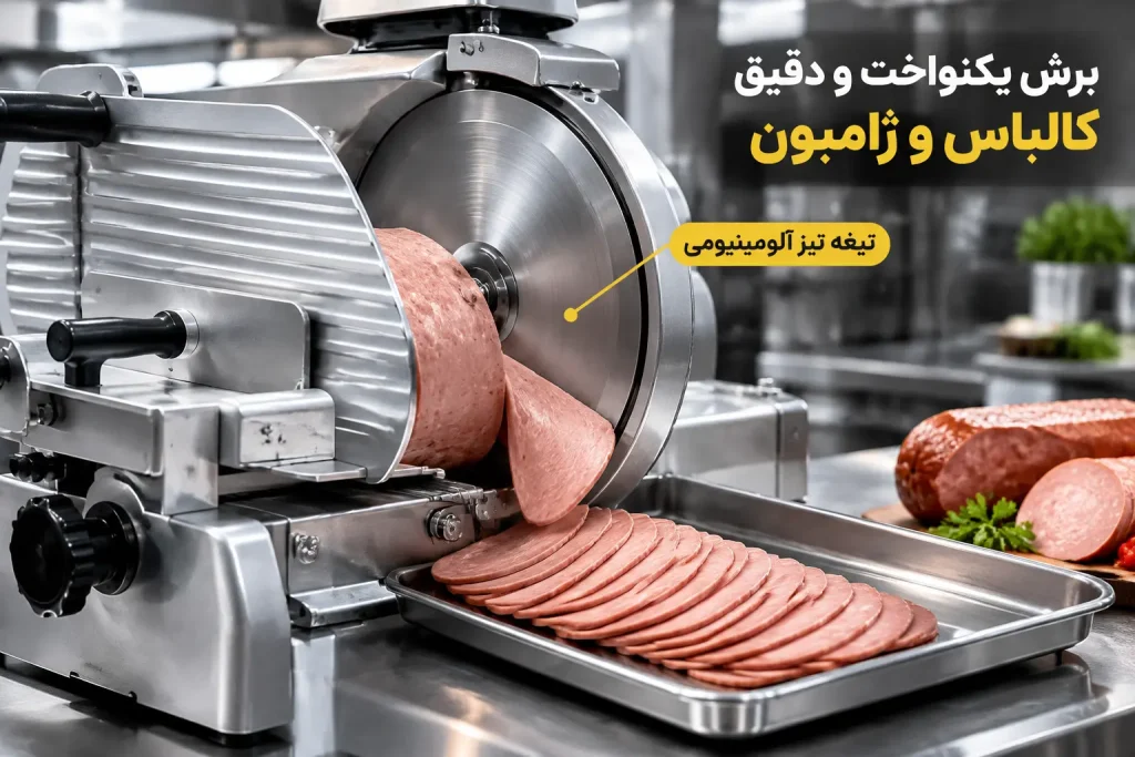 نمای نزدیک از فرایند اسلایس یکنوار و دقیق کالباس و ژامبون روی صفحه ریل دستگاه کالباس بر با تیغه تیز آلومینیومی