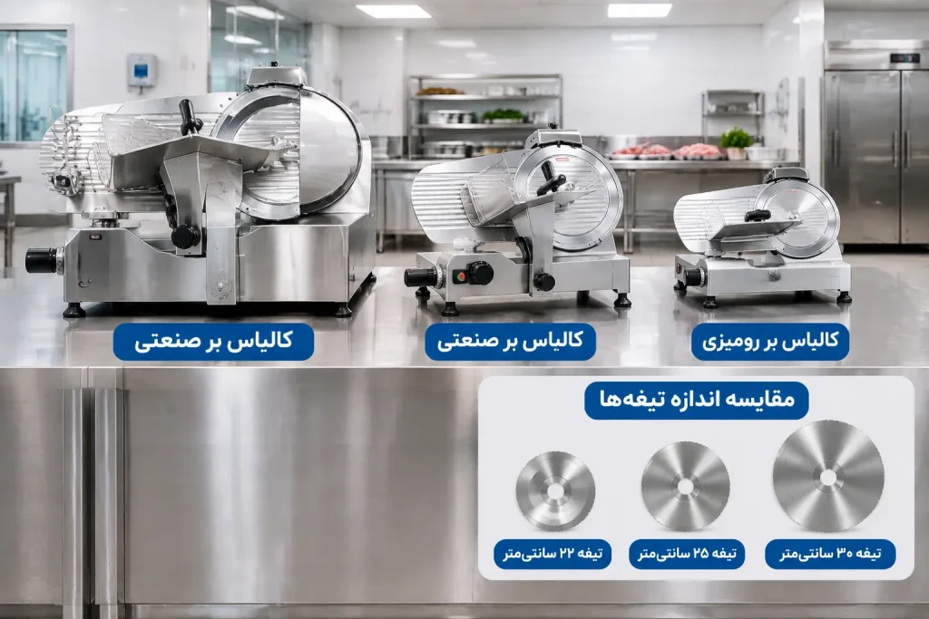 انواع دستگاه های کالباس بر صنعتی و رومیزی مدرن در یک محیط تمیز و صنعتی، همراه با مقایسه اندازه تیغه ها
